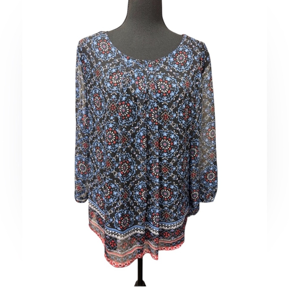 Croft & Barrow Floral Red & Blue Patterned Boho Style Tunic Top  Size L